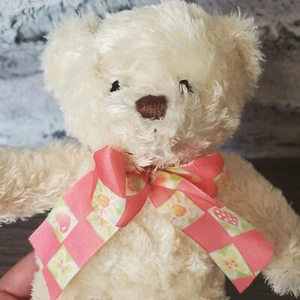Ivory Cream 10" Teddy Bear With Spring Pink Checkered Silk Bow ULTRA SIKLY LUXE - Picture 1 of 5