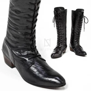 NewStylish Mens Shoes Distressed Leather High Heel Lace-up Long Boots  - Picture 1 of 12