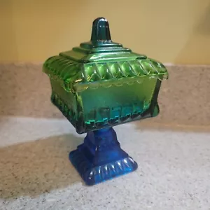Jeannette Green Blue Flash Glass Wedding Cake Compote Candy Dish Set w/Lid - Picture 1 of 7
