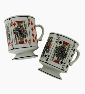 Vintage Set of 2 PLAYING CARDS Porcelain Coffee Tea Footed Mugs *Made in Japan* - Picture 1 of 8