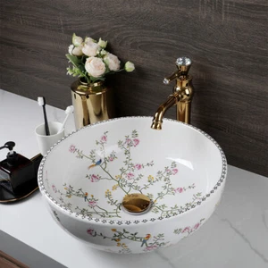US Round Bathroom Sink Flower Ceramic Vanity Basin Mixer Golden Pop Up Drain Tap - Picture 1 of 12