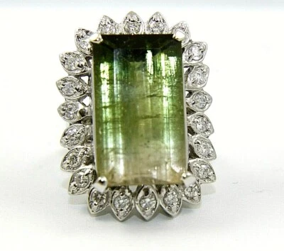 Anel halo de melancia corte esmeralda turmalina e diamante ouro branco 14k 19,14 quilates - Imagem 1 de 4