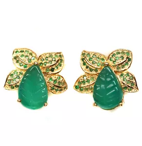 Sin Calentar Verde Leaf-Carved Ágata & Tsavorite Granate Pendientes Plata 925 - Imagen 1 de 5