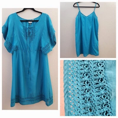 Vestido para mujer talla 8 turquesa algodón seda 2 piezas y ribete de encaje de ganchillo extraíble  Foto 1 de 4