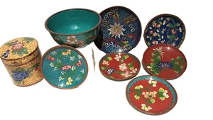 Antique Chinese cloisonné tobacco jar and coasters - Picture 1 of 19