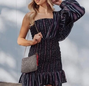 Farm Rio Dress Lurex Black Metallic Striped Mini Smocked One Shoulder NEW Size S - Picture 1 of 6
