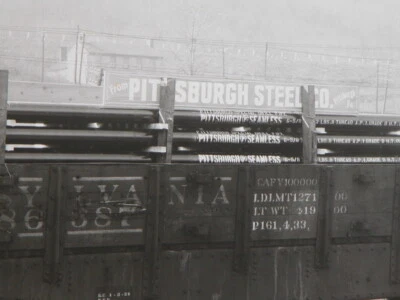 Vtg 40s 50s B&W Photograph Pittsburgh Steel Co Sign + Train - Image 1 of 4