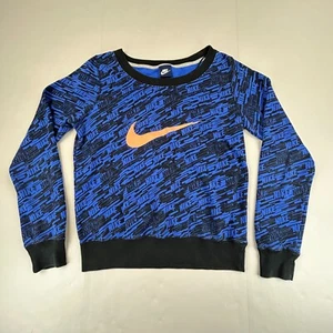 Nike Sweatshirt Boys Medium Blue Black Orange Sweater Crewneck All Over Print - Picture 1 of 12