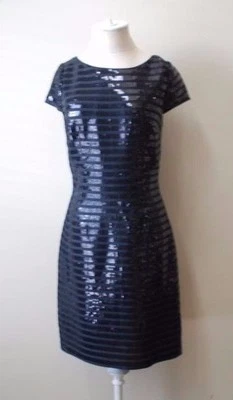 Vestido de cóctel Ali Ro negro a rayas lentejuelas manga gorra talla 10 Foto 1 de 4