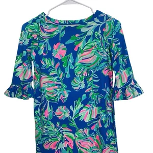 Lilly Pulitzer Floral Tropical A Line Dress Girls 8-10 Ruffle Sleeve Blue Beachy - Picture 1 of 12