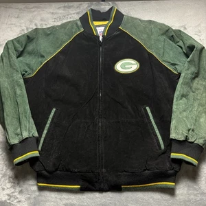 Vintage Green Bay Packers Bomber Jacket Mens Large Suede Black Football NFL - Picture 1 of 7