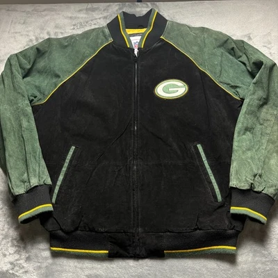 Vintage Green Bay Packers Bomber Jacket Mens Large Suede Black Football NFL - Image 1 of 4