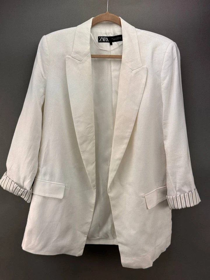 Zara Womens White Linen Blazer Jacket W/ Striped Sleeve Detailing Size L - Image 1 of 4
