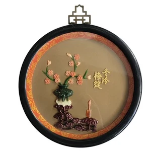 VTG Faux Jade Asian Wall Plaque 7" Round Coral Flowers Candle Home Decor Taiwan - Foto 1 di 8