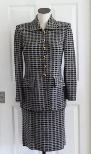 ST JOHN COLLECTION Marie Gray Black & White Tweed Knit Button Jacket Skirt 2/4 - Picture 1 of 20