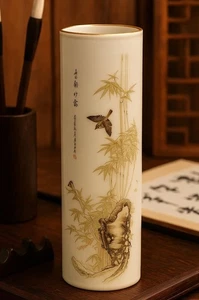 Chinese Hand Painted - Porcelain Brush Pot / Vase - Melody of Bamboo & Birds - Picture 1 of 15