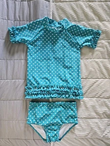 RUFFLEBUTTS TEAL DOTTED 2 PIECE SHORT SLEEVE RUFFLED SWIM SUIT— GIRLS SIZE 5 - Picture 1 of 8