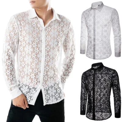 Hot Men's Crochet Flower Lace Long Sleeve Polo Shirt Transparent Mesh Collar Top - Image 1 of 4