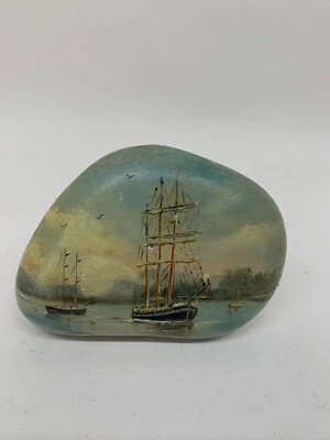 Vintage Original miniature Oil Painting cutter Ships Maritime Rock - Bette E Mc? - image 1 of 4