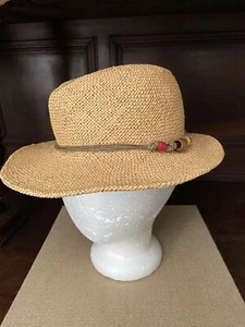 Vintage Womens Straw Hat Fedora Style Rope Beads Size Small Beach - Picture 1 of 8