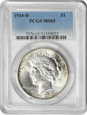 1934-D Peace Silver Dollar MS65 PCGS - Image 1 of 4