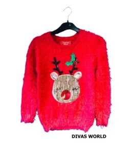 Kids Red Jumper Christmas Cardigans Sequin Detail Rudolph Reindeer Primark - Picture 1 of 5