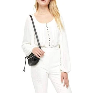 Free People Devin Top M Ribbed Knit Blouson Sleeve Henley Pleated Textured Ivory - Picture 1 of 15