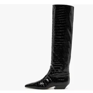 Black Crocodile Square Toe Wide Calf Low Chunky Heels Winter Knee High Boot - Picture 1 of 7