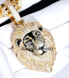 MEN 10.62ct MOISSANITE LION FACE 3D ENAMEL Pendant REAL 925 Silver Passes Tester - Picture 1 of 5