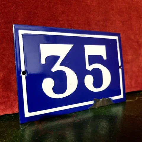 Vintage French enamel house number 35 white raised for mailbox , door , wall Cover
