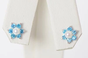 14k White Gold Flower CZ Stud Earrings White Pearl with Screw Back - Picture 1 of 12