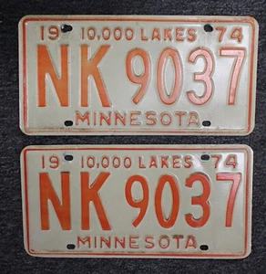 Vintage 1974 Minnesota 10,000 Lakes Car License Plate Matching Pair Set NK 9037 - Picture 1 of 2