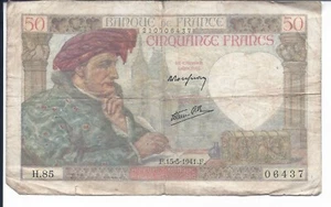1941 France 50 Francs WWII Old Vintage Paper Money Banknote Currency Note - Picture 1 of 2