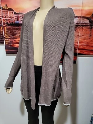 Inhabit ~ Tejido Abierto Talla S Damas Cárdigan Suéter Marrón con Bordes Azules #W6 Foto 1 de 4