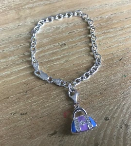 925 STERLING SILVER CHARM PENDANT BLUE ENAMEL & CLEAR C Z HANDBAG & BRACELET - Picture 1 of 6