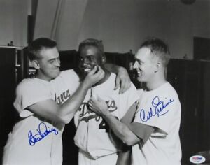 Clem Labine/Carl Erskine Signed 11x14  Photo w/ Jackie Robinson Dodgers PSA/DNA