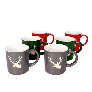 6er Set Kaffeebecher Hirsch zylindrisch 250 ml 2x Rot, Grün, Grau Glühwein Tasse - Bild 1 von 5
