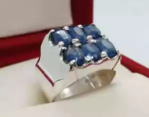 Anello In Zaffiro Blu Naturale 925 Argento Sterling Fatti A Mano Per Uomo - Foto 1 di 5