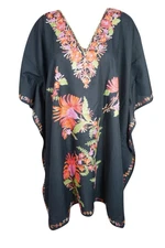 Women Black Kimono Kaftan Midi Dress Beach Hand Embroidered Tunic Loose Caftan