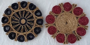 MCM Wicker Raffia Hot Pads Trivets Boho Wall Art Set Of 2 Red Blue 6.5 Inch - Picture 1 of 9