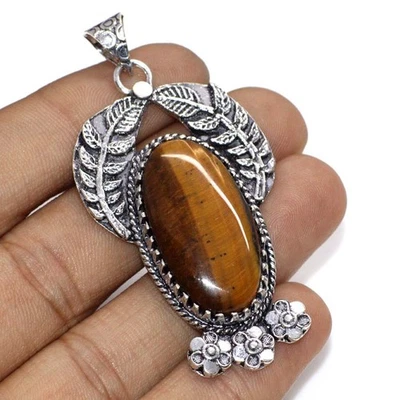 Classy Tiger Eye 925 Silver Plated Leaf Pendant 2.5" Superb Jewelry GW - Image 1 of 3