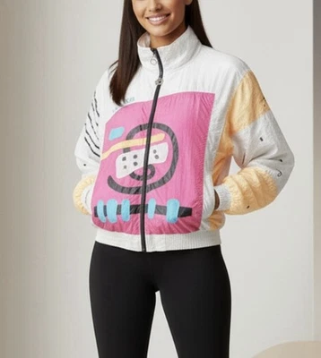 Jaqueta bombardeiro vintage Jamie Sadock Ixspa anos 80 estampa abstrata com zíper tamanho M retrô esportiva - Imagem 1 de 4