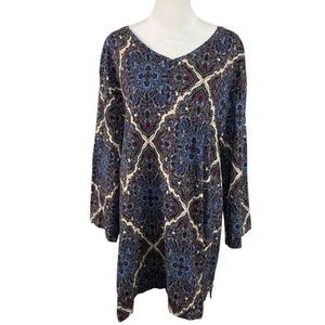 Catherines 4X Easy Fit Tee V-Neck 3/4 Sleeve 100% Cotton Tunic Black Floral - Picture 1 of 11