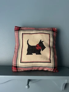 Hand Made Plaid Scottie Dog Cross Stitch Throw Pillow Ralph Lauren Christmas 9.5 - Picture 1 of 8