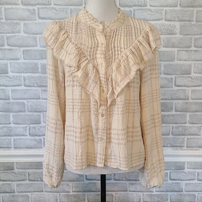 ZARA Textured Plaid Ruffle Long Sleeve Blouse Sm Cream Romantic Feminine Cottage - Image 1 of 4