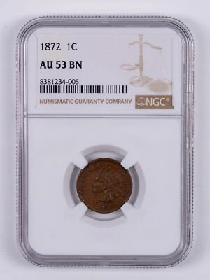 1872 Indian Head Small Cent NGC AU53 BN RB005 - Image 1 of 2