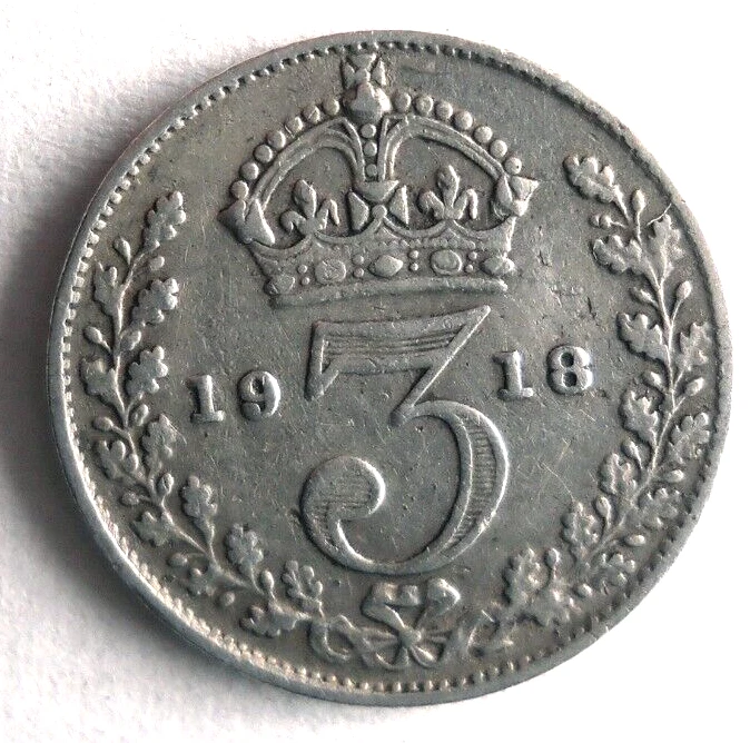 1918 GREAT BRITAIN 3 PENCE - Excellent Sterling Silver Coin - FREE SHIP - #3psv - Image 1 of 2