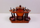 Vintage Walnut Wood 6 smoking pipe holder w/glass humidor & 5 pipes