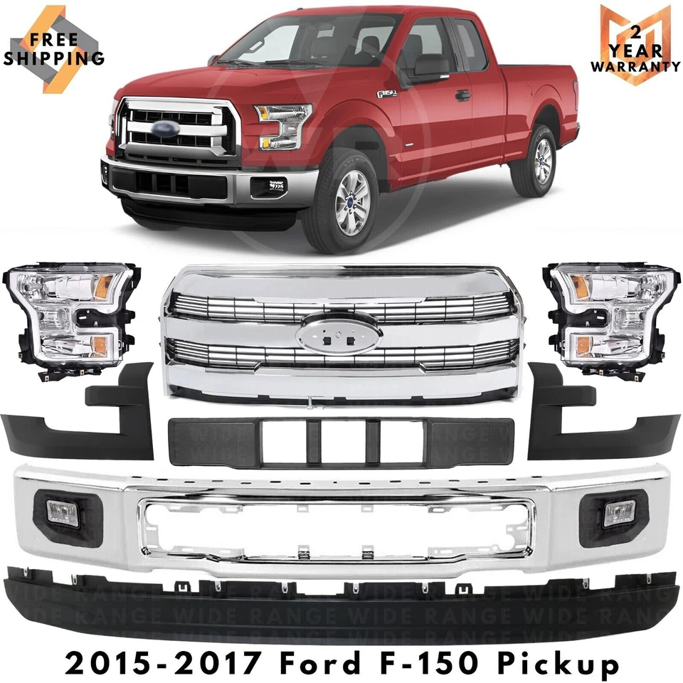 Front Bumper Face Bar Chrome & Headlights Assembly Kit For 2015-2017 Ford F-150 Foto 1 de 4