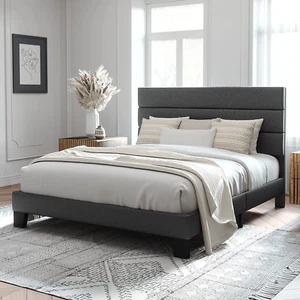Queen Size Platform Bed Frame with Fabric Upholstered Headboard, No Box Spring N - Picture 1 of 9